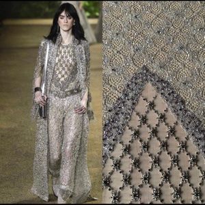 HAND BEADED TULLE EMBROIDERED. NUDE TULLE SILVER SEQUINS BEADS.